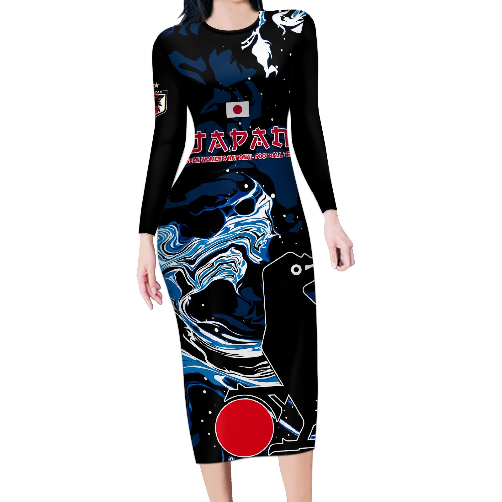 Custom Japan Football Long Sleeve Bodycon Dress 2024 Nadeshiko Go Champions - Wonder Print Shop