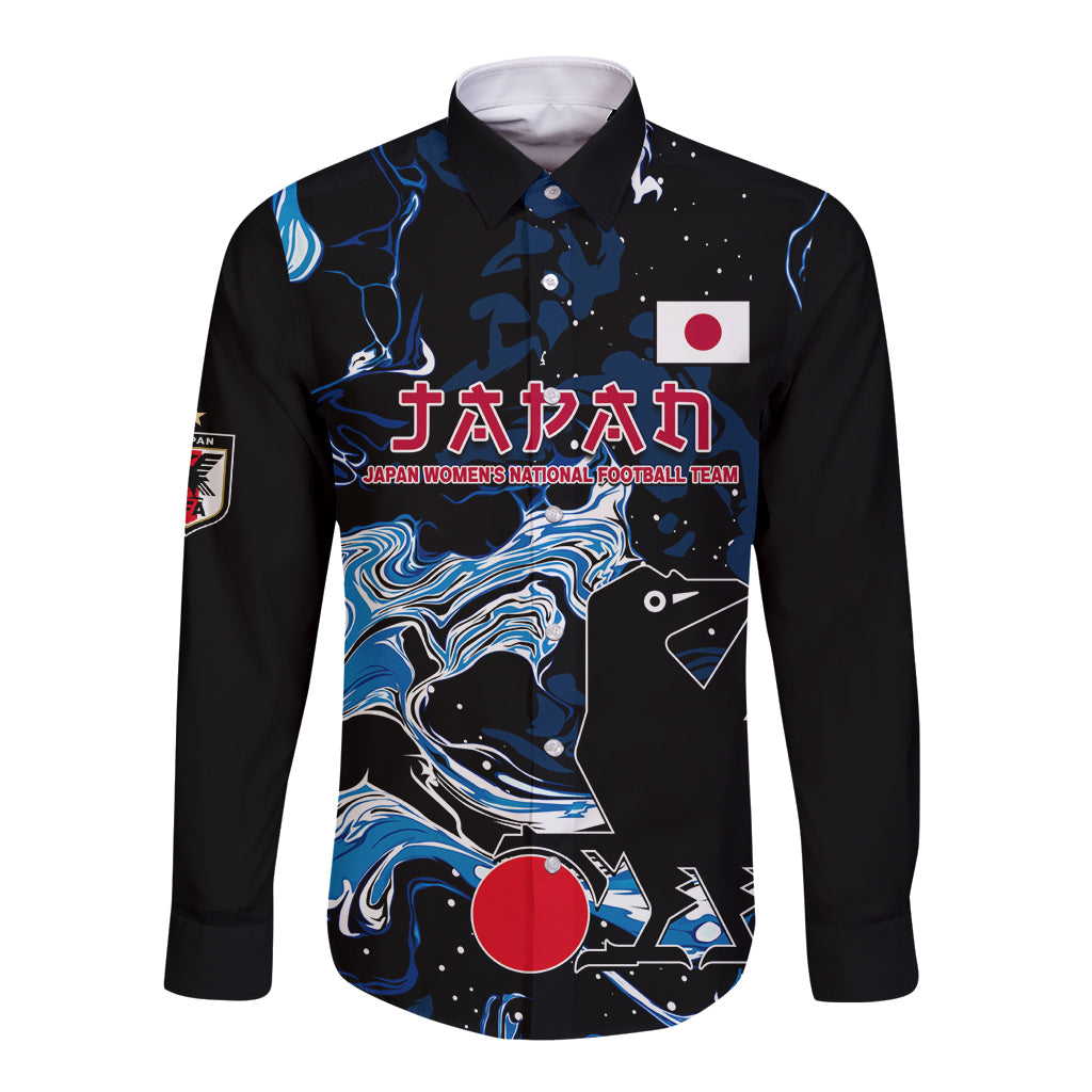 Black long-sleeve button soccer shirt with Japan flag crest and blue graphic print