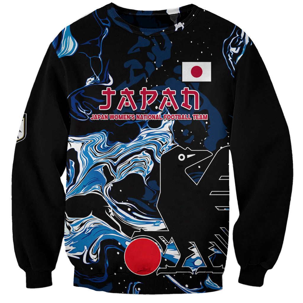 Black soccer sweatshirt with blue abstract print, Japan flag, and red circle detail