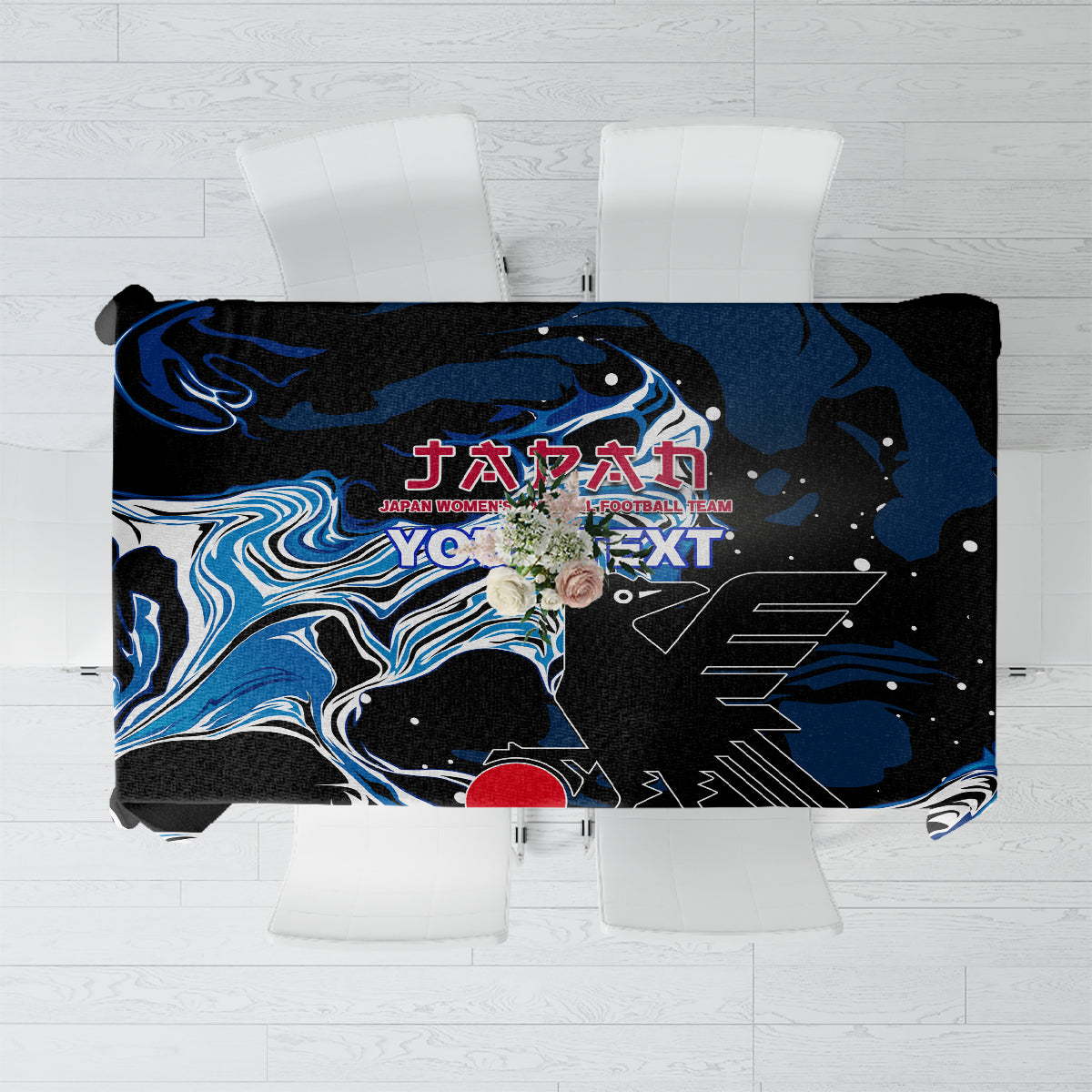Black football tablecloth with blue wave and star graphic, red accents