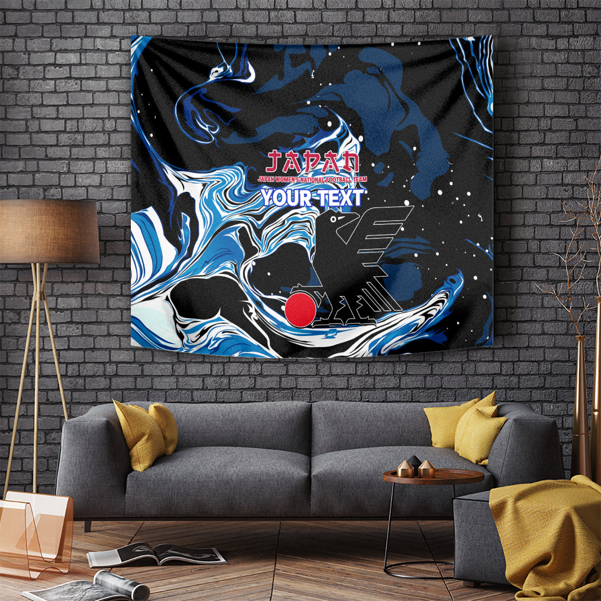 Rectangular black and blue wall tapestry with stylized football figure and wave graphics
