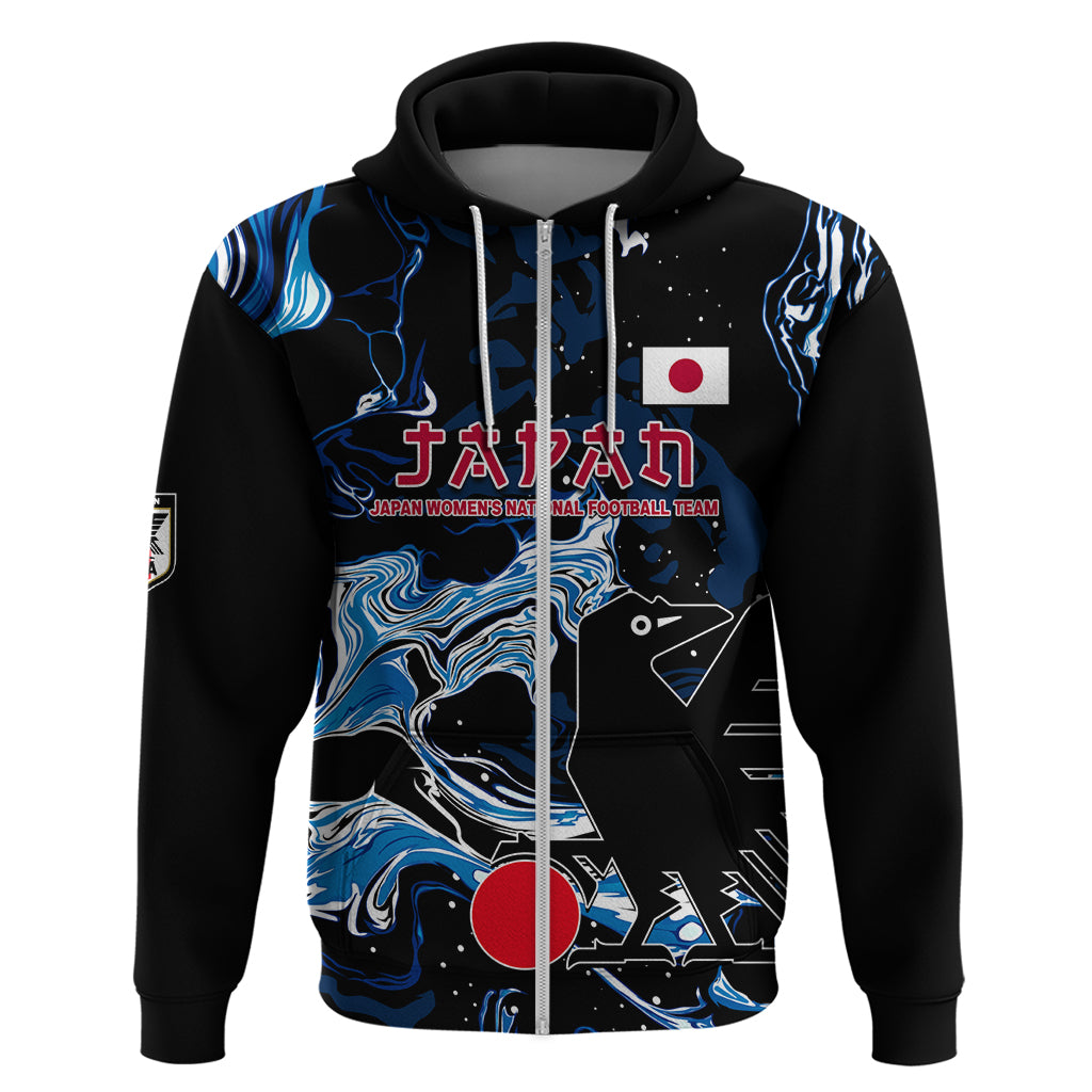 Black zip-up hoodie with blue abstract sports graphic and Japan flag on chest