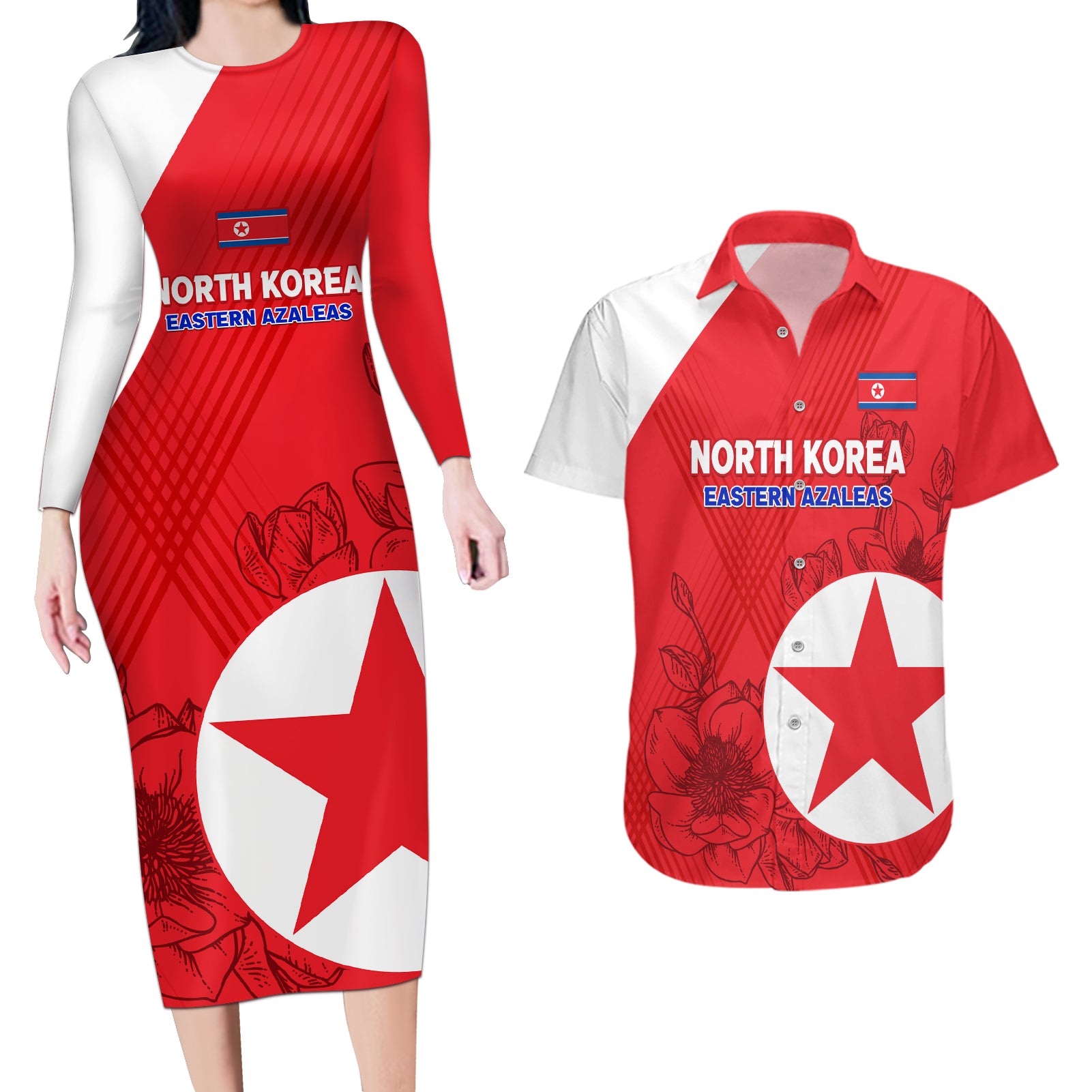 Custom North Korea Football Couples Matching Long Sleeve Bodycon Dress and Hawaiian Shirt 2024 Go Eastern Azaleas Magnolia Flowers - Wonder Print Shop