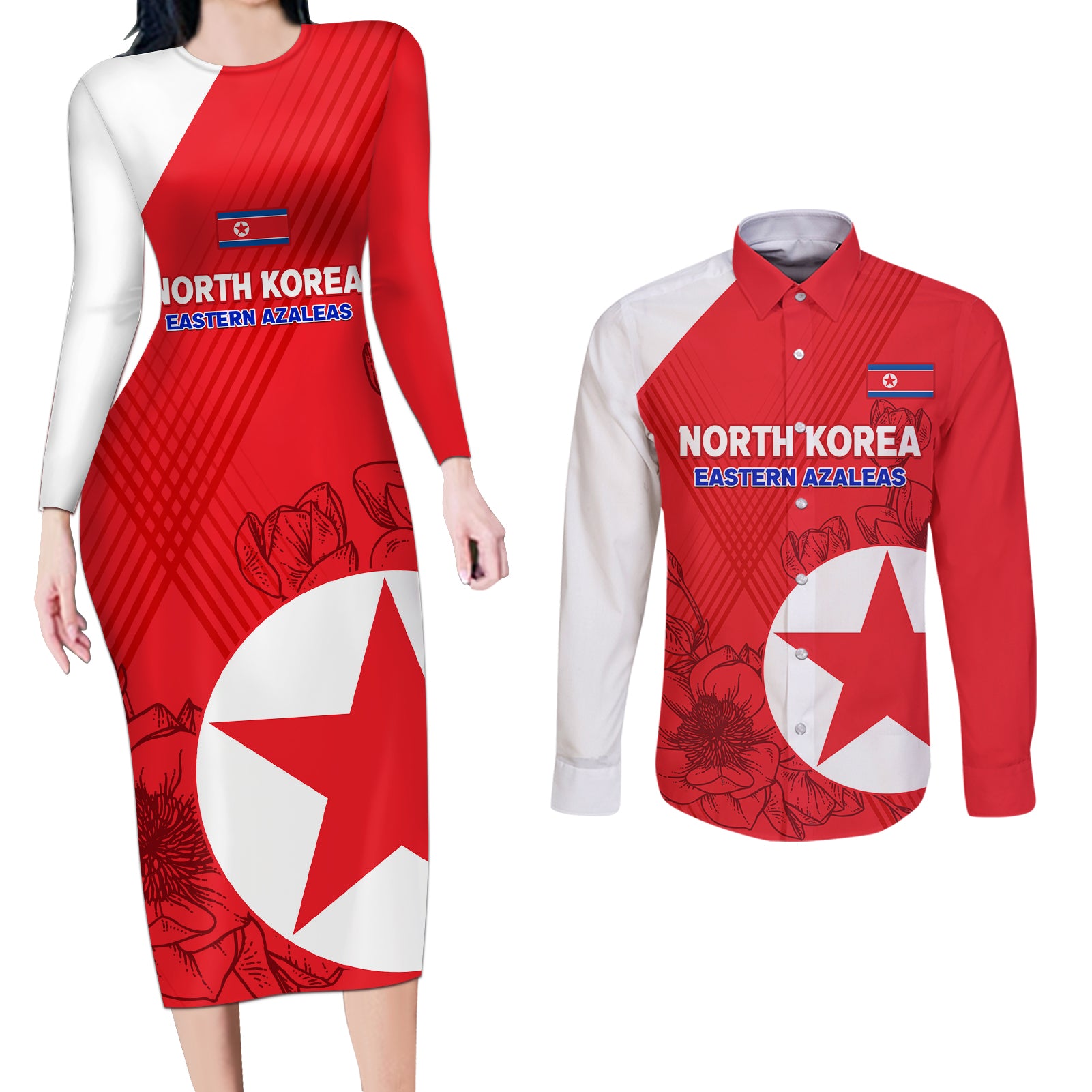 Custom North Korea Football Couples Matching Long Sleeve Bodycon Dress and Long Sleeve Button Shirt 2024 Go Eastern Azaleas Magnolia Flowers - Wonder Print Shop