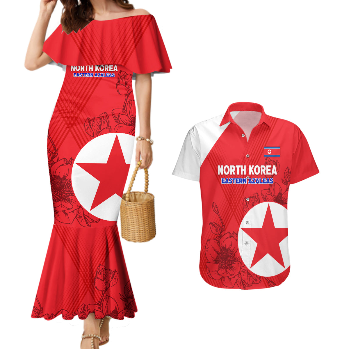 Custom North Korea Football Couples Matching Mermaid Dress and Hawaiian Shirt 2024 Go Eastern Azaleas Magnolia Flowers - Wonder Print Shop