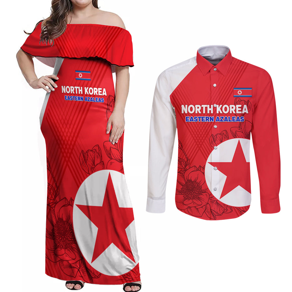 Custom North Korea Football Couples Matching Off Shoulder Maxi Dress and Long Sleeve Button Shirt 2024 Go Eastern Azaleas Magnolia Flowers - Wonder Print Shop