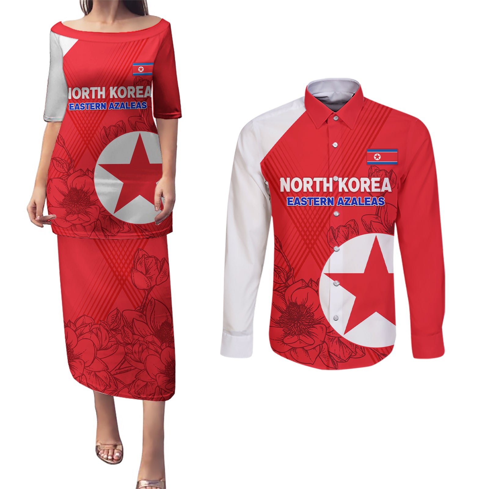 Custom North Korea Football Couples Matching Puletasi and Long Sleeve Button Shirt 2024 Go Eastern Azaleas Magnolia Flowers - Wonder Print Shop