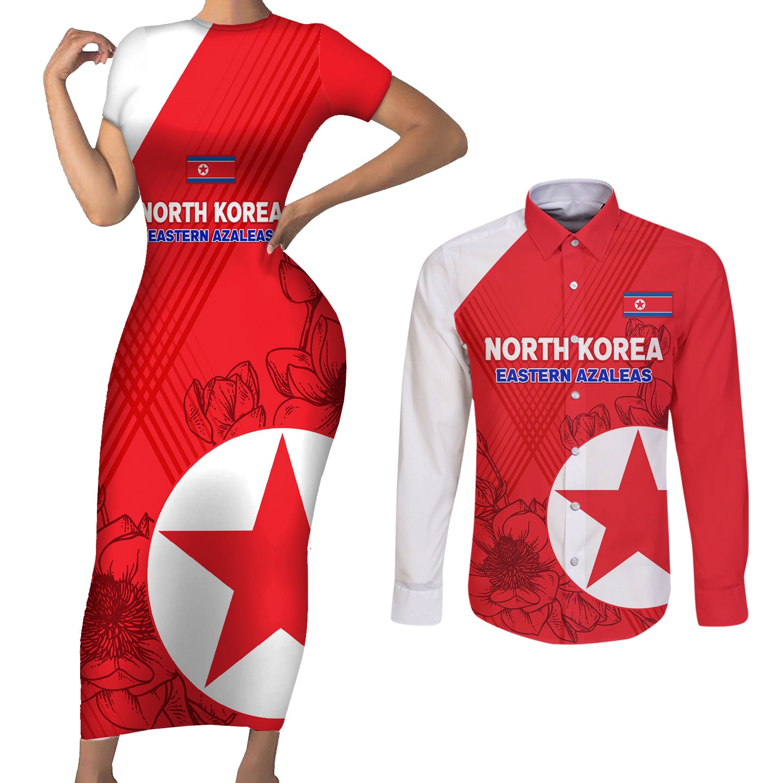 Custom North Korea Football Couples Matching Short Sleeve Bodycon Dress and Long Sleeve Button Shirt 2024 Go Eastern Azaleas Magnolia Flowers - Wonder Print Shop