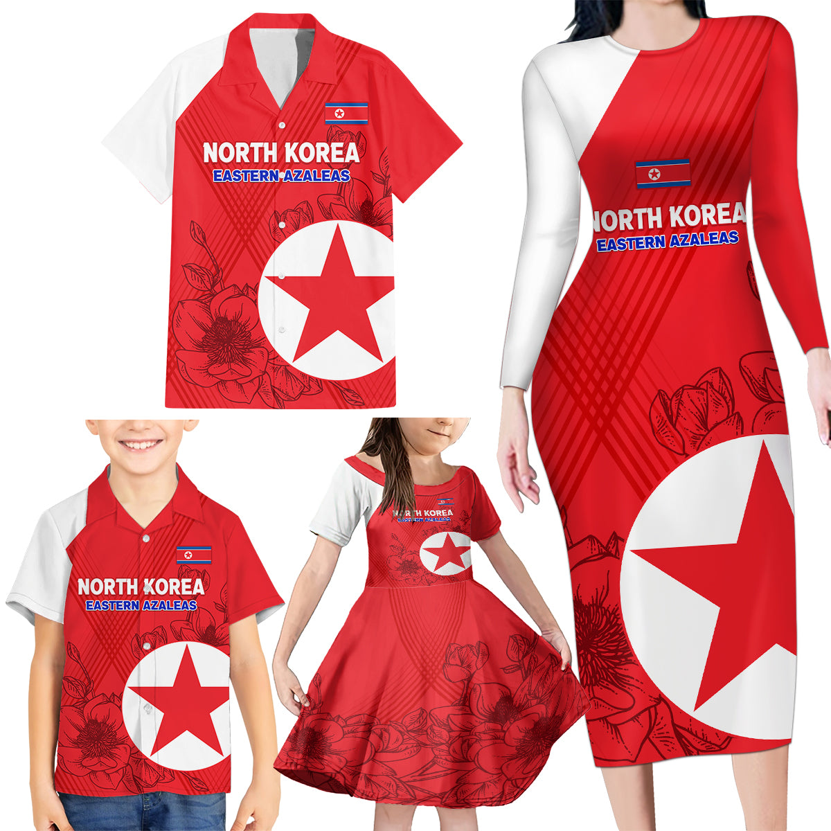 Custom North Korea Football Family Matching Long Sleeve Bodycon Dress and Hawaiian Shirt 2024 Go Eastern Azaleas Magnolia Flowers - Wonder Print Shop