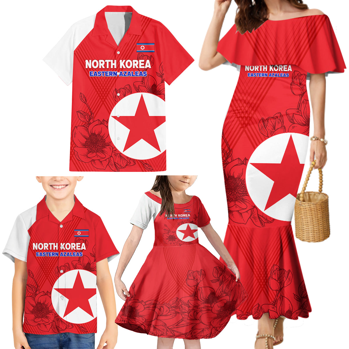 Custom North Korea Football Family Matching Mermaid Dress and Hawaiian Shirt 2024 Go Eastern Azaleas Magnolia Flowers - Wonder Print Shop