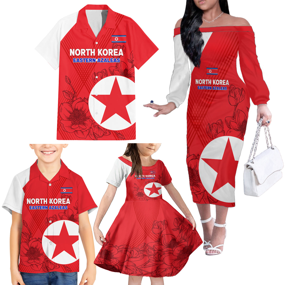 Custom North Korea Football Family Matching Off Shoulder Long Sleeve Dress and Hawaiian Shirt 2024 Go Eastern Azaleas Magnolia Flowers - Wonder Print Shop