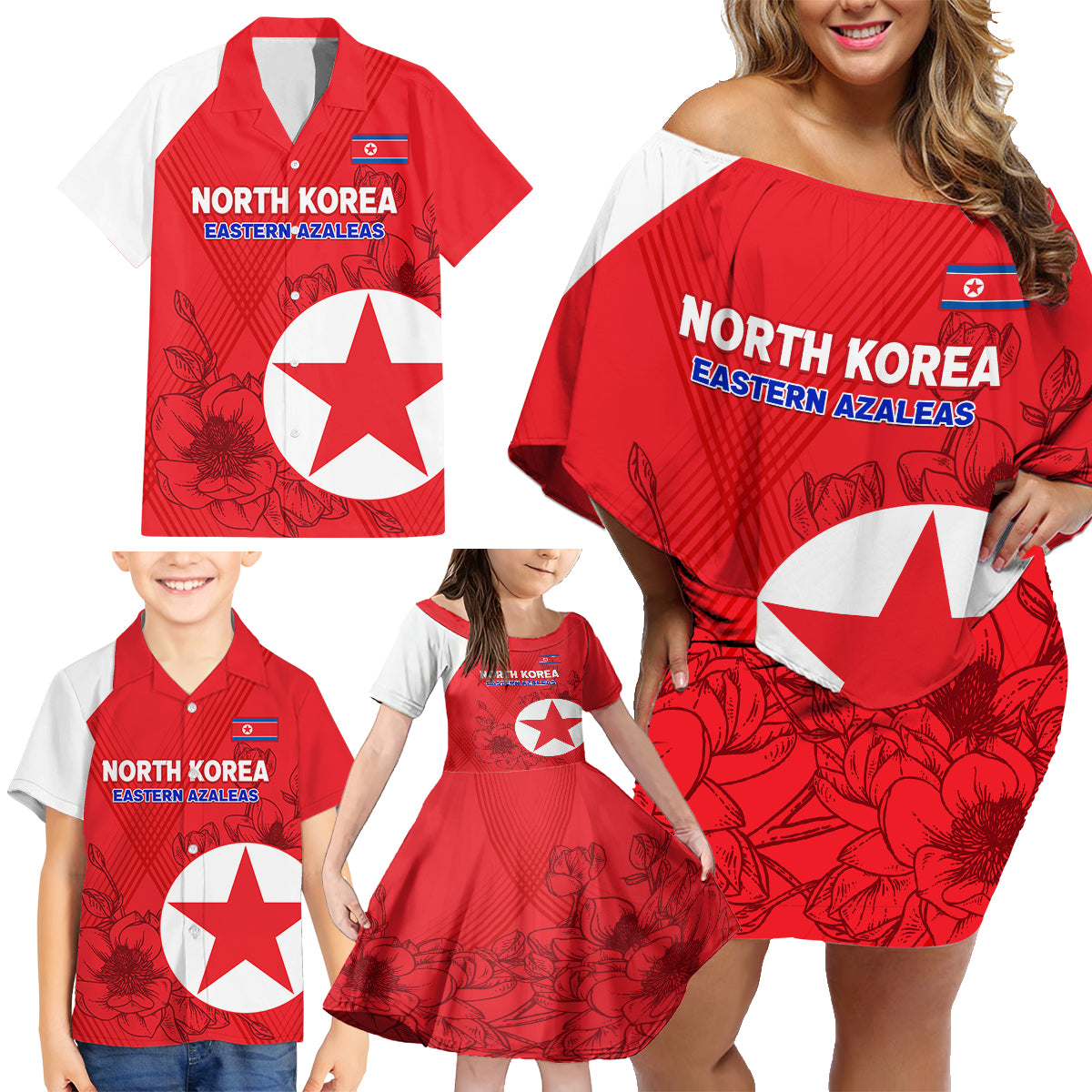 Custom North Korea Football Family Matching Off Shoulder Short Dress and Hawaiian Shirt 2024 Go Eastern Azaleas Magnolia Flowers - Wonder Print Shop