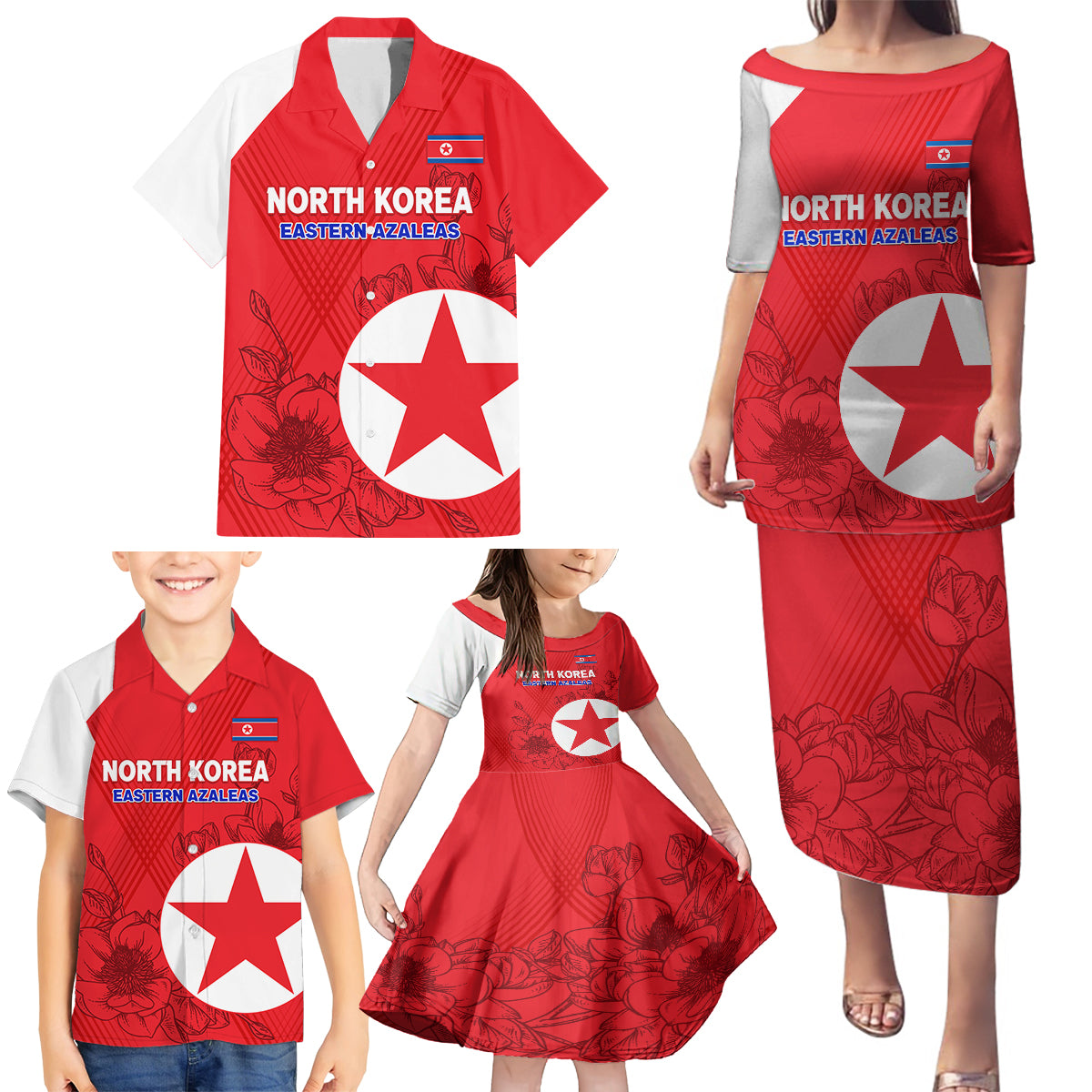 Custom North Korea Football Family Matching Puletasi and Hawaiian Shirt 2024 Go Eastern Azaleas Magnolia Flowers - Wonder Print Shop