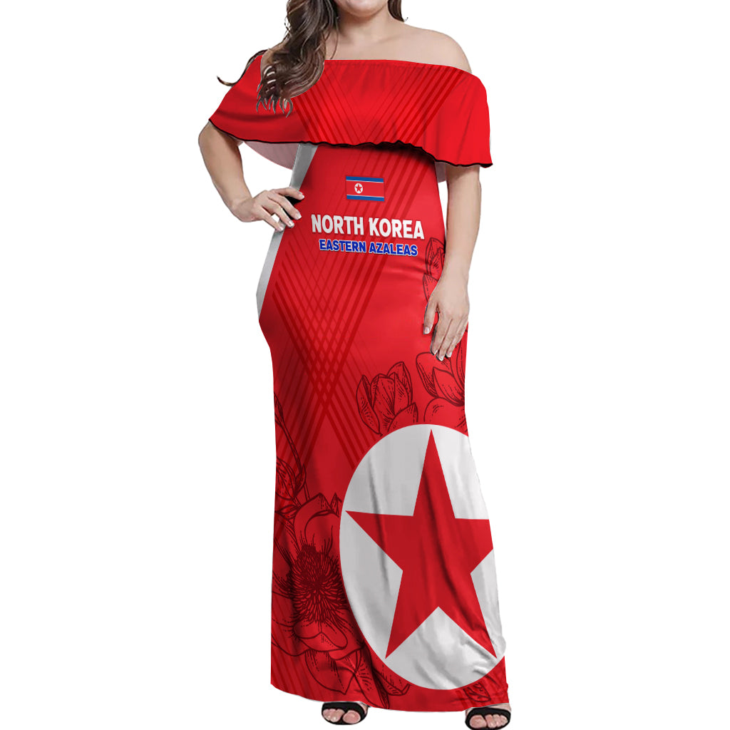 Custom North Korea Football Off Shoulder Maxi Dress 2024 Go Eastern Azaleas Magnolia Flowers - Wonder Print Shop