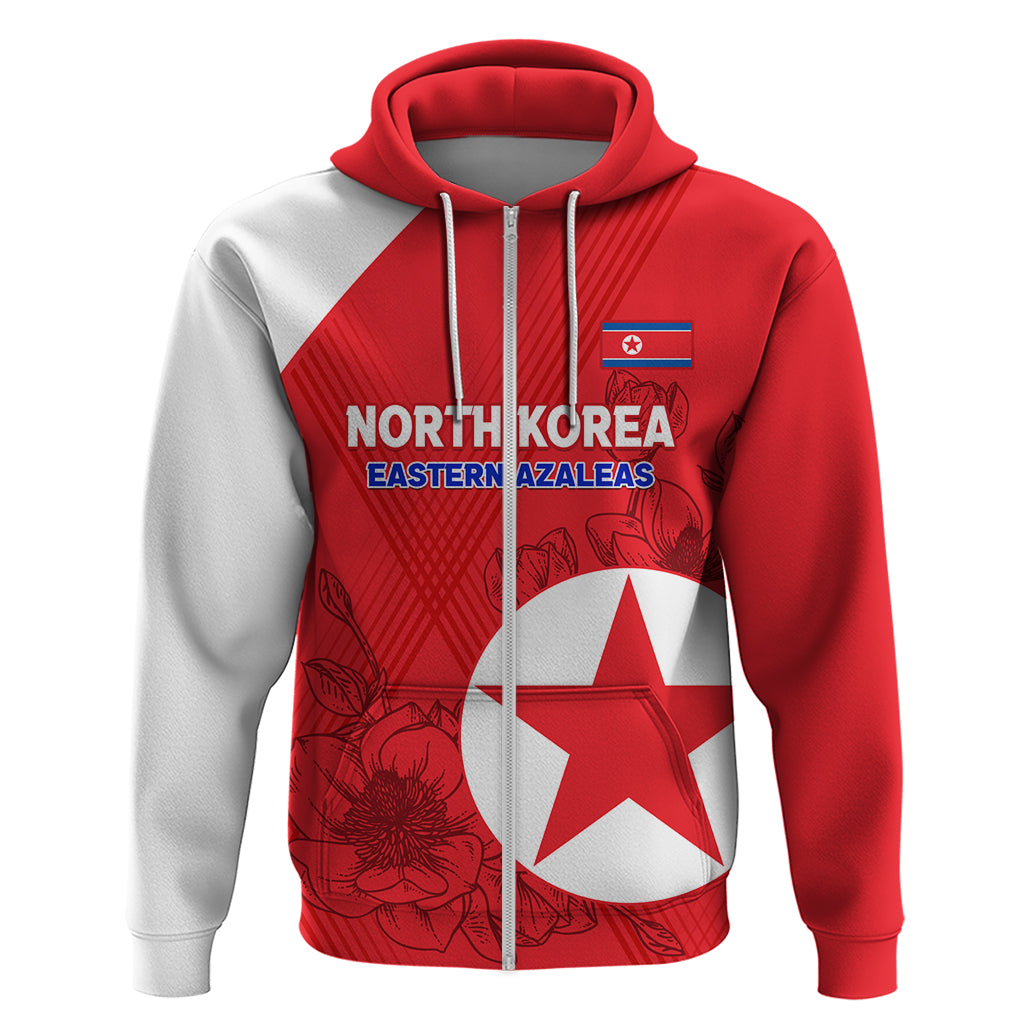 Red and white zip-front hoodie with floral print and North Korea emblem graphic