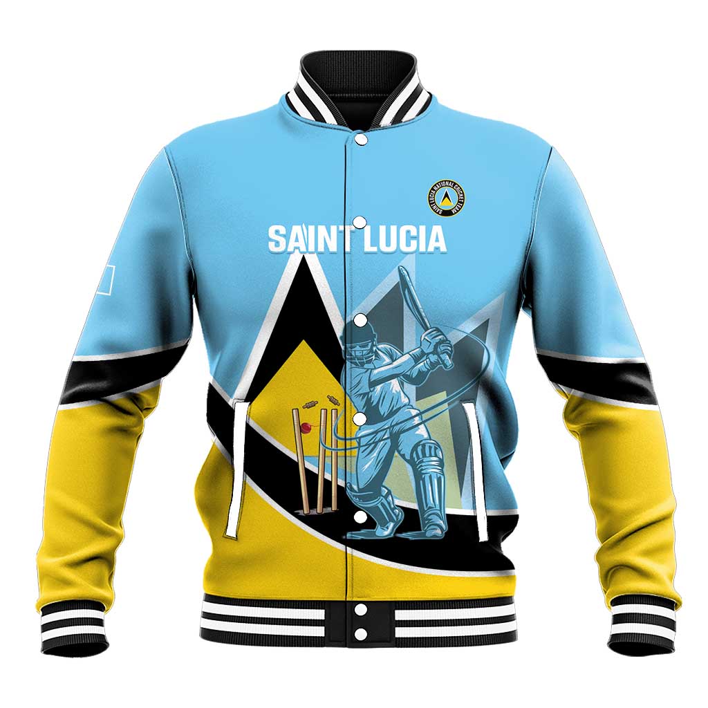 Unisex light blue cricket baseball jacket, front Saint Lucia text and player graphic