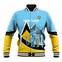 Unisex light blue cricket baseball jacket, front Saint Lucia text and player graphic
