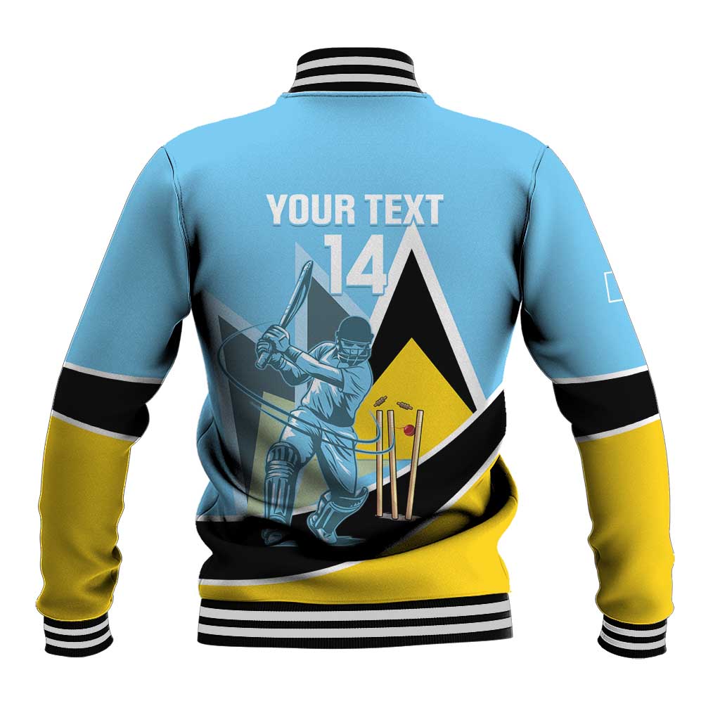 Unisex light blue cricket baseball jacket, back YOUR TEXT 14A and player graphic