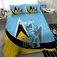 Blue cricket duvet set with astronaut cricketer print, two pillow shams, bold yellow border