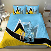 Blue cricket bedding set featuring astronaut batsman art, two pillows, yellow black trim