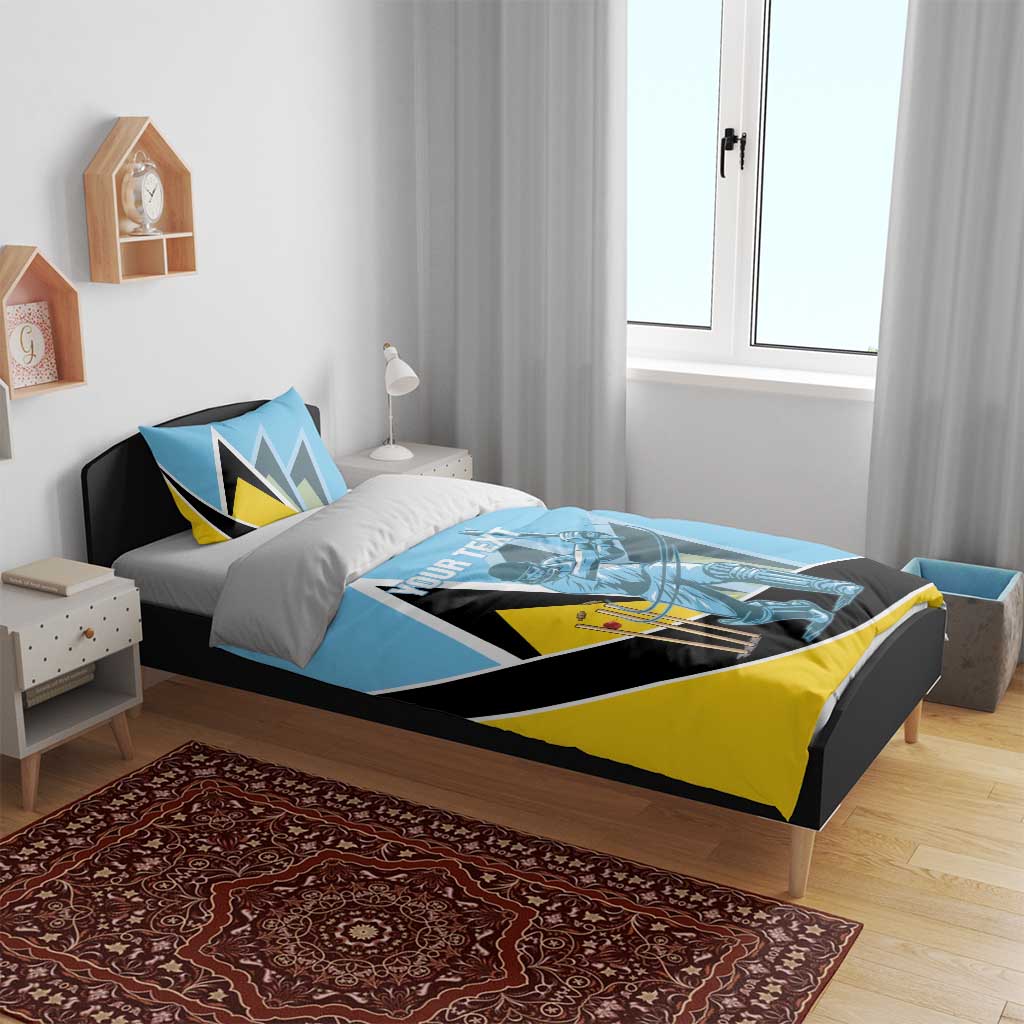 Blue cricket bedding set on bed with astronaut batsman design, coordinating pillow shams