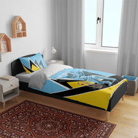 Blue cricket bedding set on bed with astronaut batsman design, coordinating pillow shams