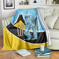 Blue, yellow and black cricket blanket with player graphic and 'YOUR TEXT'.