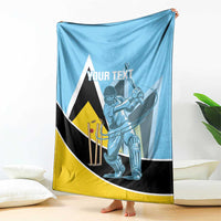 Blue cricket blanket draped with player graphic, triangle panels, and 'YOUR TEXT'.