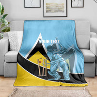 Blue cricket blanket on sofa with player graphic, black/yellow panel, and 'YOUR TEXT'.