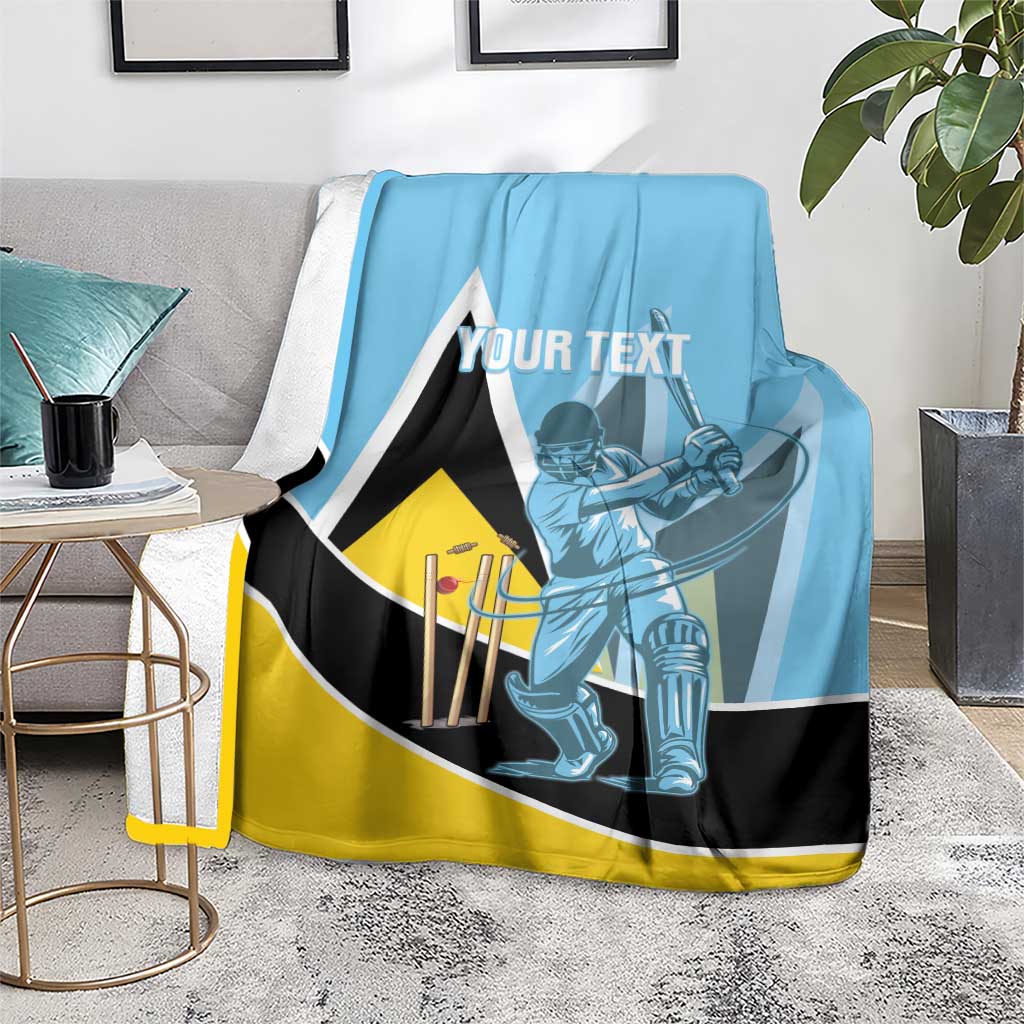 Blue cricket blanket on couch with player graphic, black/yellow design, and 'YOUR TEXT'.