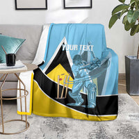 Blue cricket blanket on couch with player graphic, black/yellow design, and 'YOUR TEXT'.