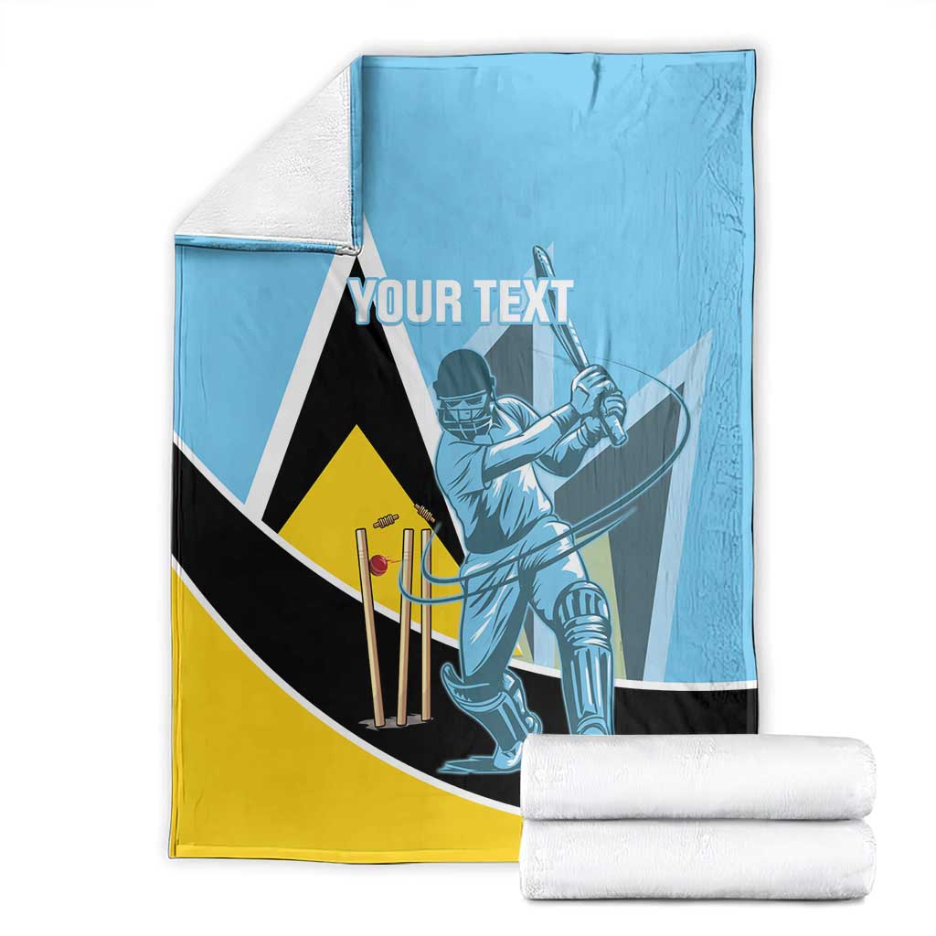 Blue cricket blanket with folded stack, featuring player graphic, black/yellow design, 'YOUR TEXT'.