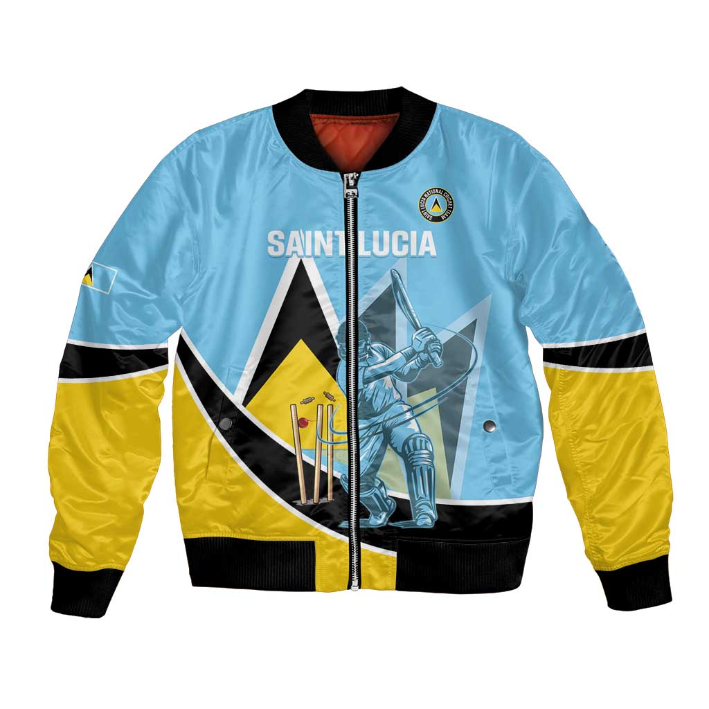 Blue and yellow cricket bomber jacket with zip front, black ribbed trim, Saint Lucia logo