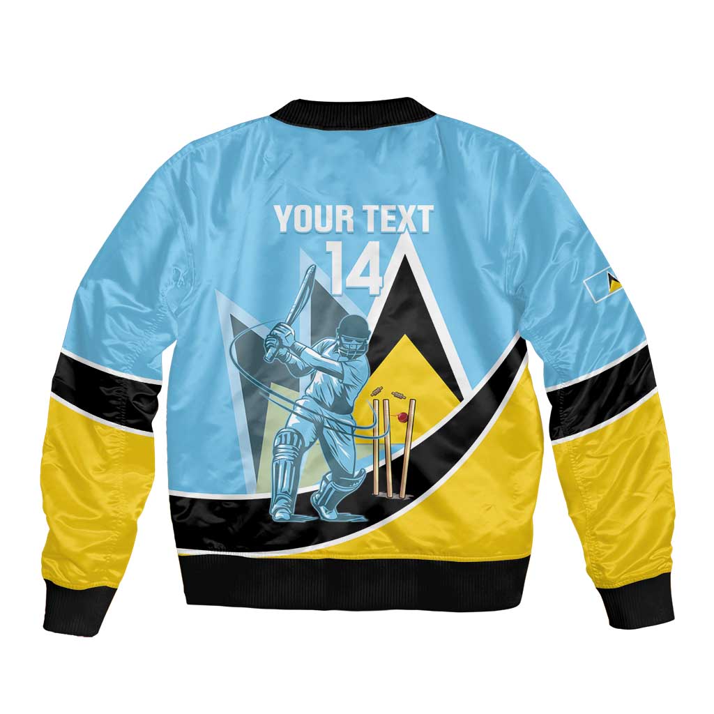 Light blue bomber jacket back print with cricket player, black and yellow stripe panels