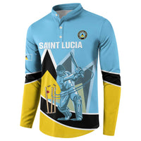 Light blue cricket button sweatshirt with front Saint Lucia print and crest