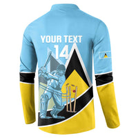 Light blue cricket button sweatshirt back with YOUR TEXT 14 and cricket player graphic