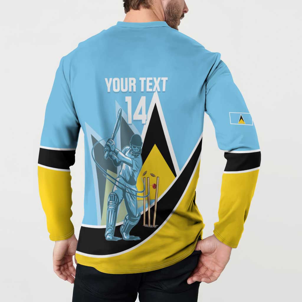 Light blue cricket button sweatshirt back with YOUR TEXT 14, cricket player, and stripes