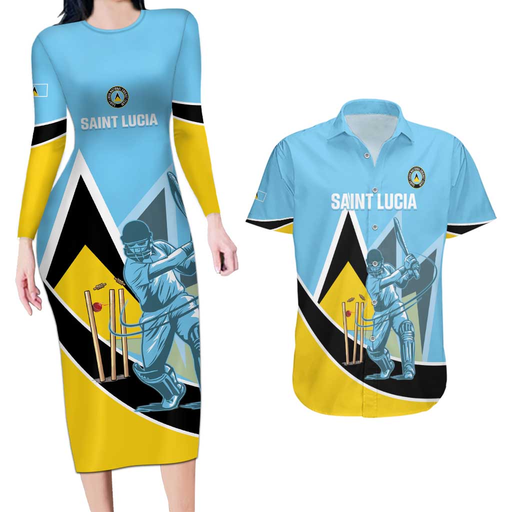 Custom Saint Lucia Cricket Couples Matching Long Sleeve Bodycon Dress and Hawaiian Shirt Go Champions - National Color