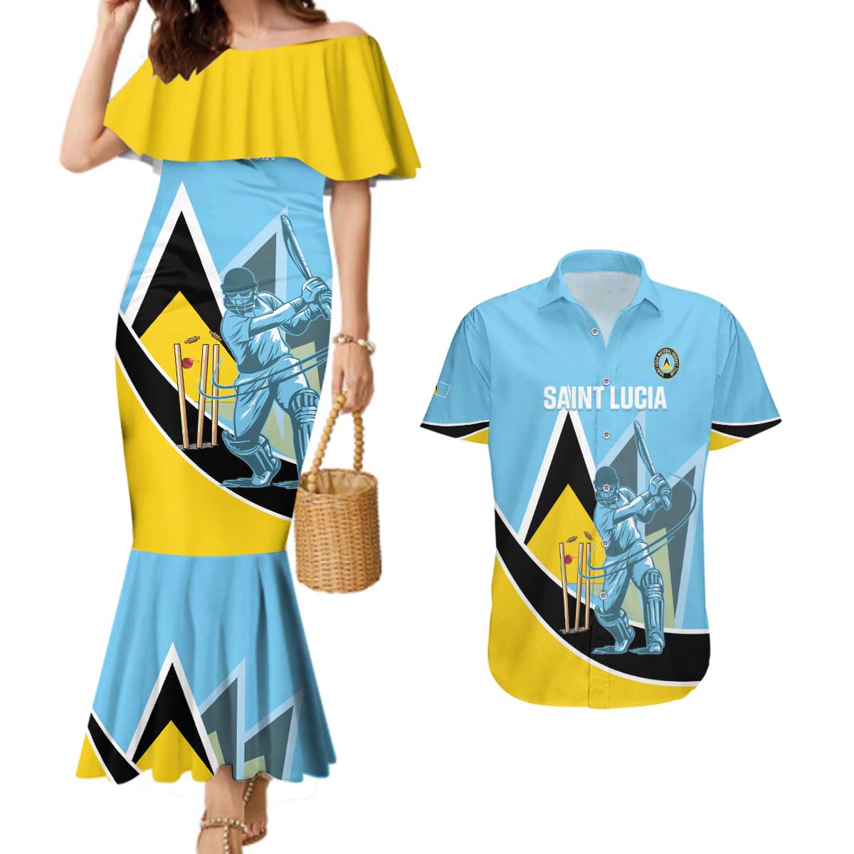 Custom Saint Lucia Cricket Couples Matching Mermaid Dress and Hawaiian Shirt Go Champions - National Color