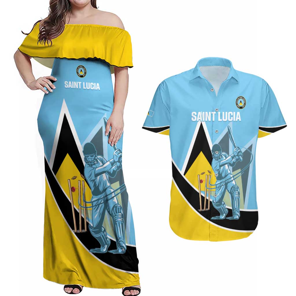 Custom Saint Lucia Cricket Couples Matching Off Shoulder Maxi Dress and Hawaiian Shirt Go Champions - National Color