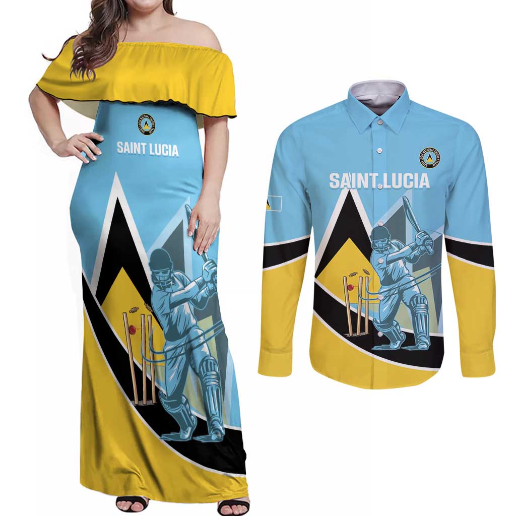 Custom Saint Lucia Cricket Couples Matching Off Shoulder Maxi Dress and Long Sleeve Button Shirt Go Champions - National Color