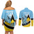 Custom Saint Lucia Cricket Couples Matching Off Shoulder Short Dress and Long Sleeve Button Shirt Go Champions - National Color