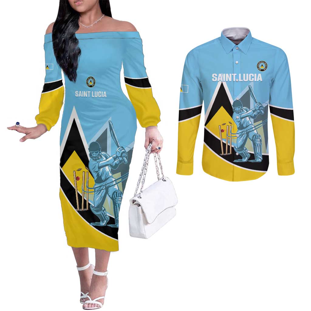 Custom Saint Lucia Cricket Couples Matching Off The Shoulder Long Sleeve Dress and Long Sleeve Button Shirt Go Champions - National Color