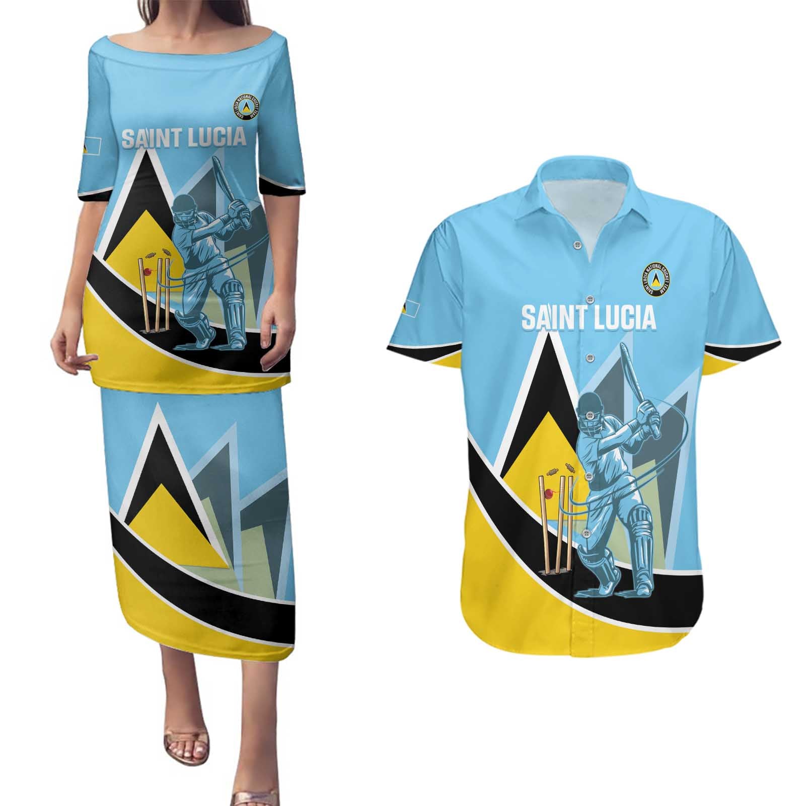 Custom Saint Lucia Cricket Couples Matching Puletasi and Hawaiian Shirt Go Champions - National Color