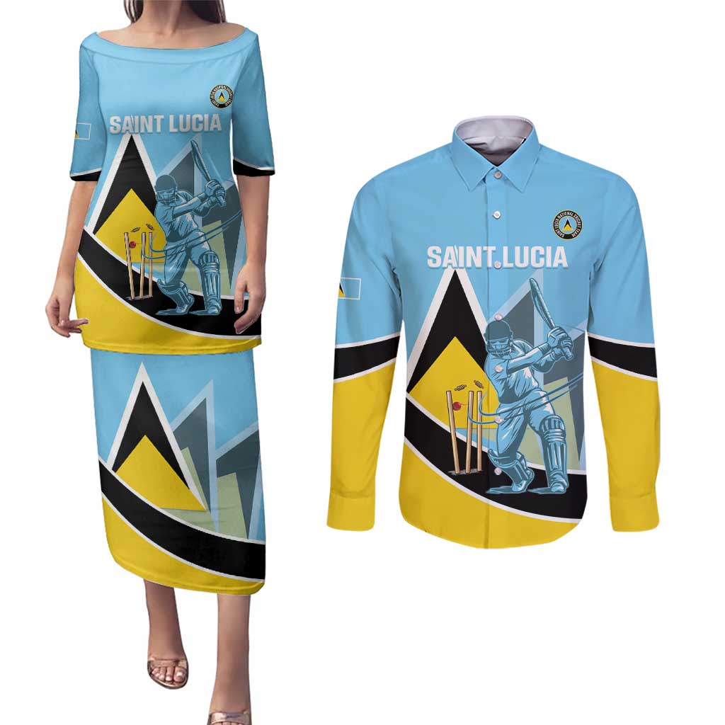 Custom Saint Lucia Cricket Couples Matching Puletasi and Long Sleeve Button Shirt Go Champions - National Color