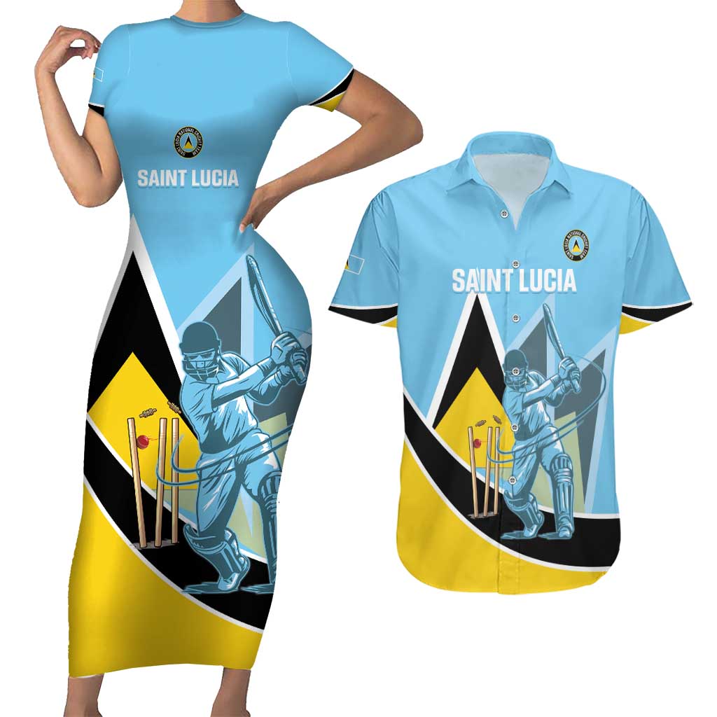 Custom Saint Lucia Cricket Couples Matching Short Sleeve Bodycon Dress and Hawaiian Shirt Go Champions - National Color