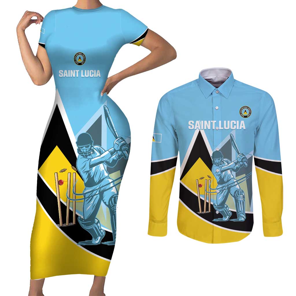 Custom Saint Lucia Cricket Couples Matching Short Sleeve Bodycon Dress and Long Sleeve Button Shirt Go Champions - National Color