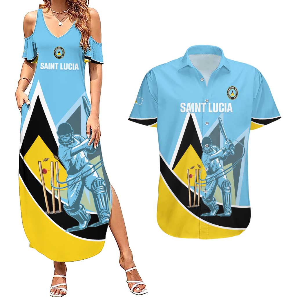 Custom Saint Lucia Cricket Couples Matching Summer Maxi Dress and Hawaiian Shirt Go Champions - National Color