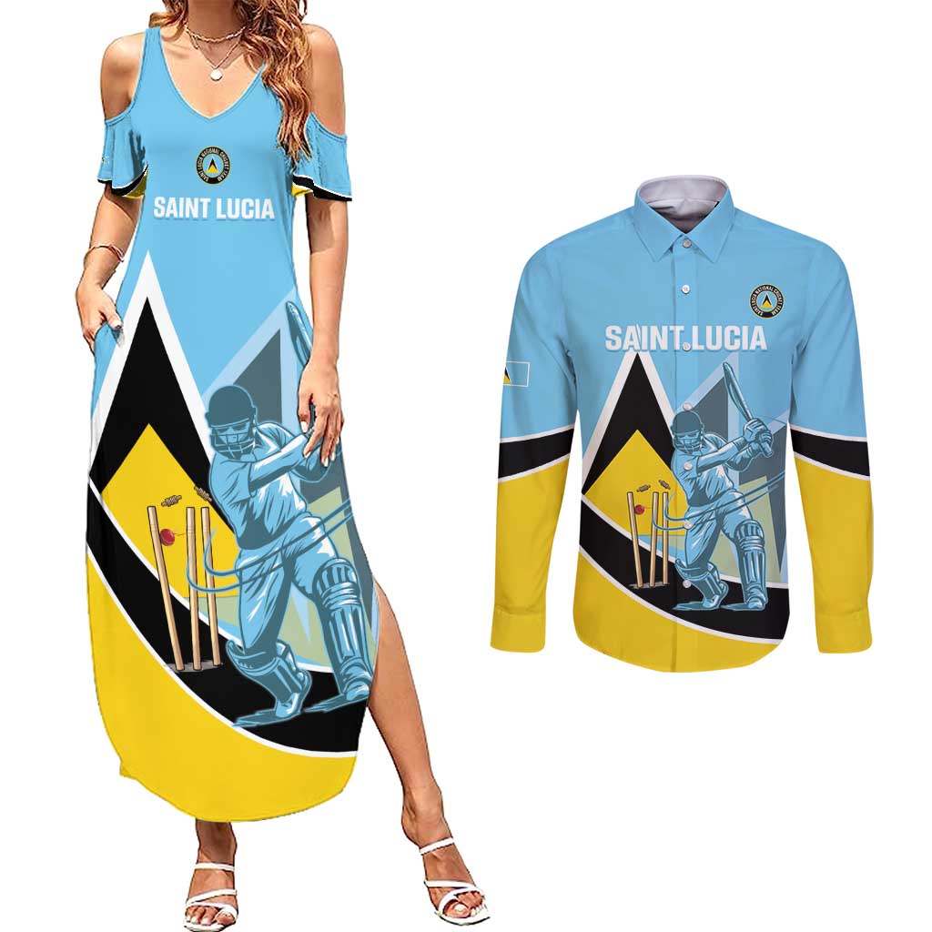 Custom Saint Lucia Cricket Couples Matching Summer Maxi Dress and Long Sleeve Button Shirt Go Champions - National Color