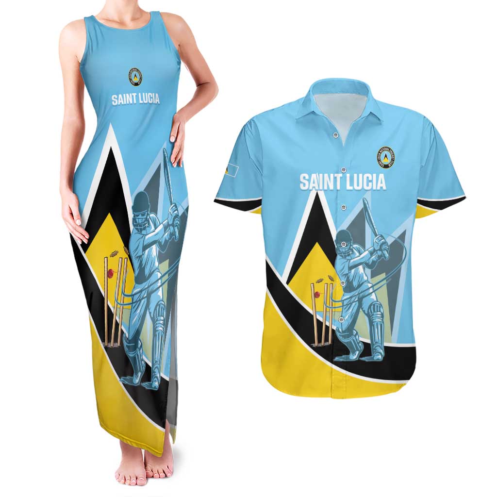 Custom Saint Lucia Cricket Couples Matching Tank Maxi Dress and Hawaiian Shirt Go Champions - National Color